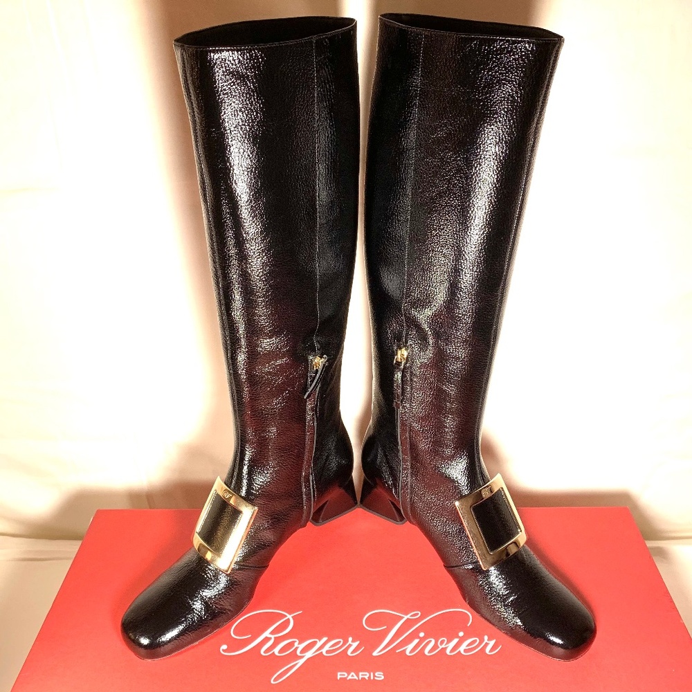 Roger Vivier "Tres Vivier" Tall Knee Boot Pebbled Black Patent Leather Sz 40